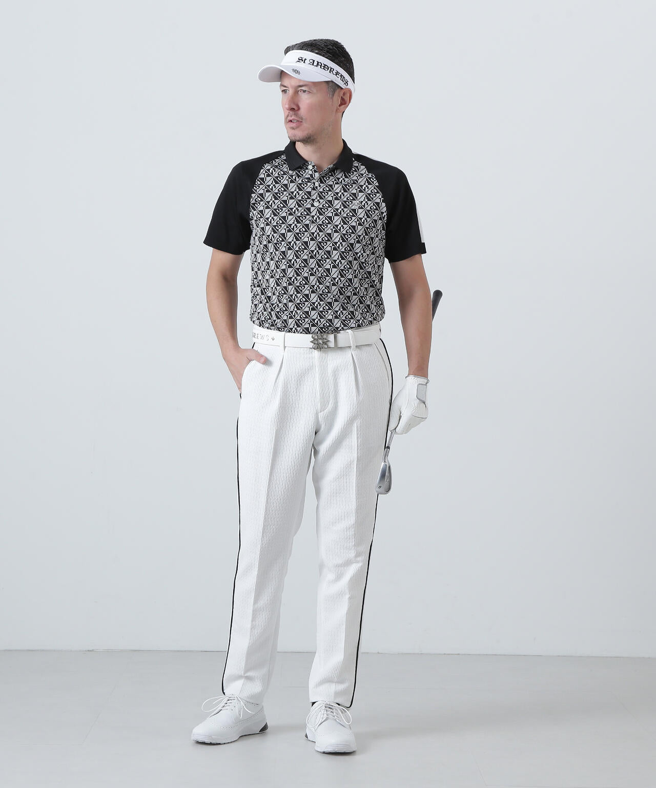 STAチェッカー柄ジャガード半袖ポロシャツ (MENS)