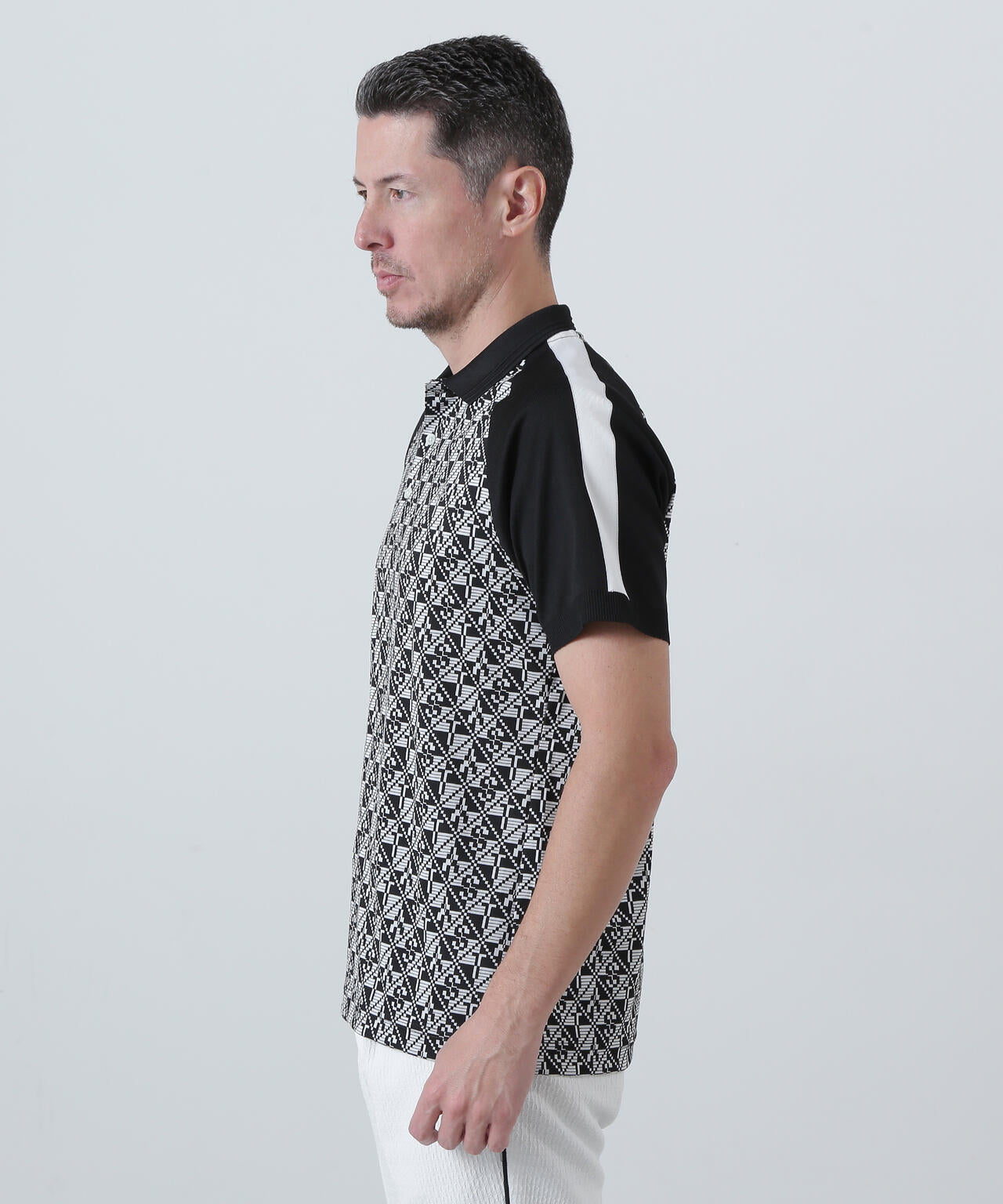 STAチェッカー柄ジャガード半袖ポロシャツ (MENS)