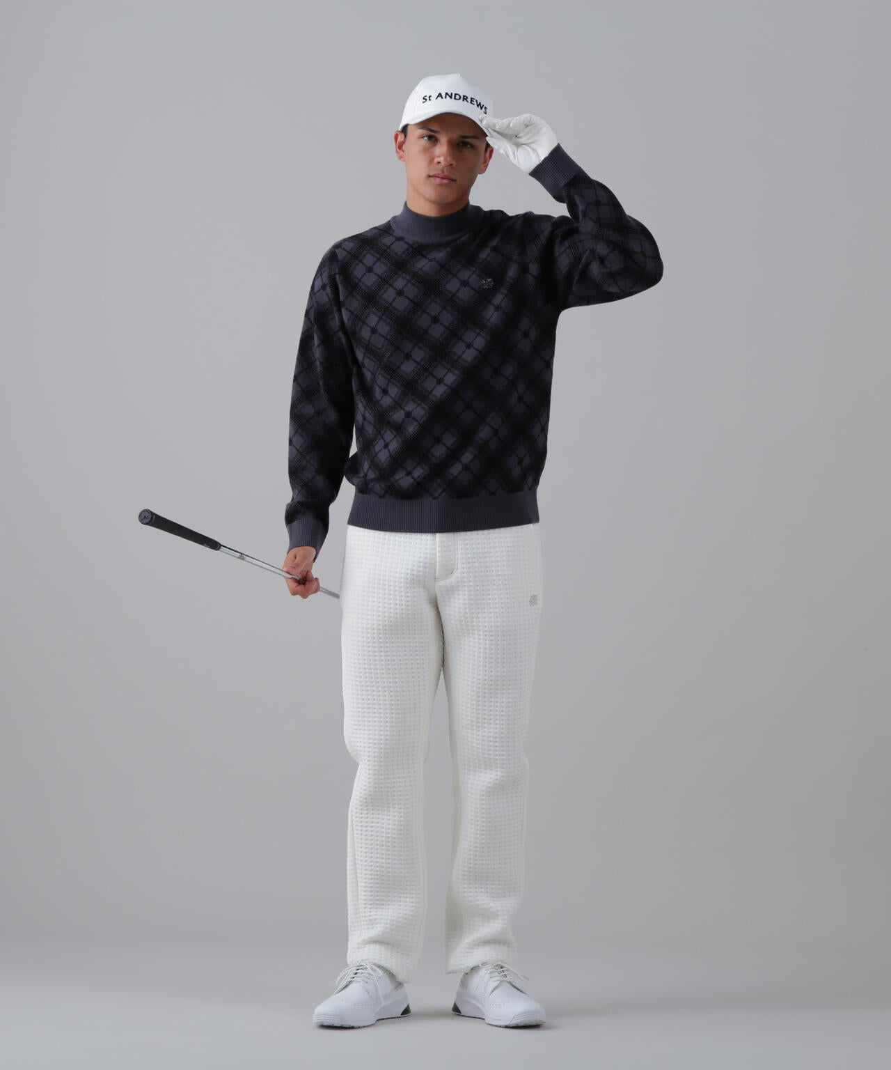 12Gケルトバイヤスチェックジャガードモックネックニットプルオーバー (MENS)