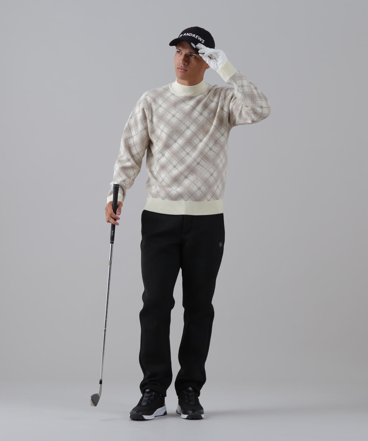 12Gケルトバイヤスチェックジャガードモックネックニットプルオーバー (MENS)