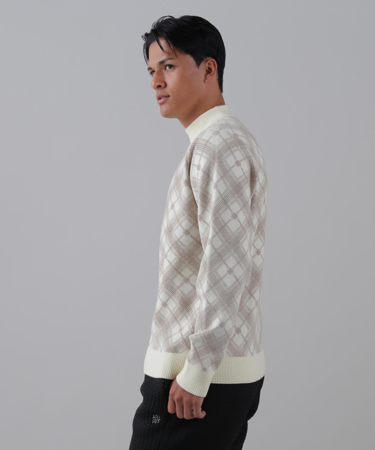 12Gケルトバイヤスチェックジャガードモックネックニットプルオーバー (MENS)