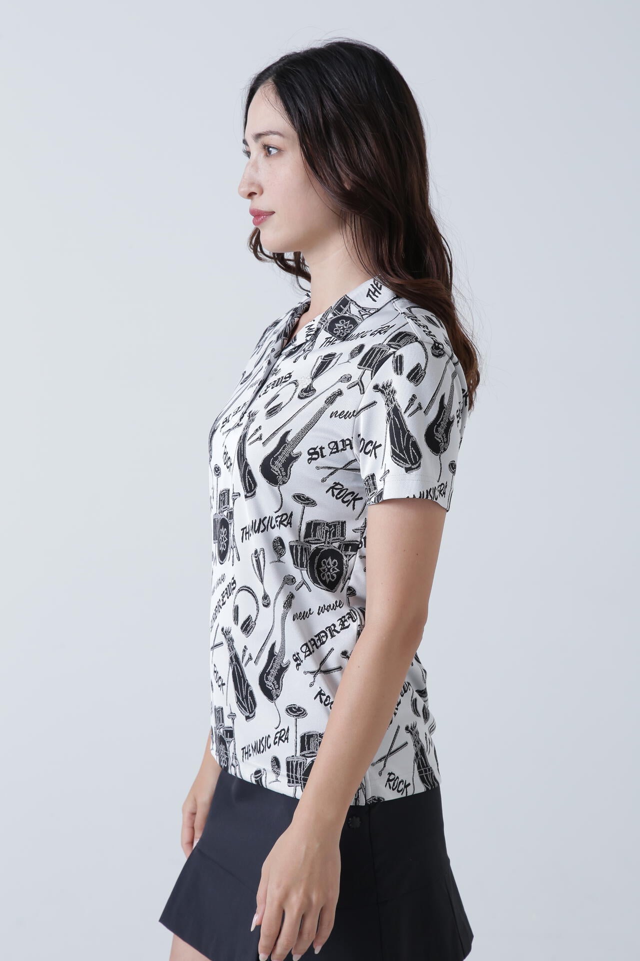 ミュージック柄ジャガード半袖シャツ (WOMENS)