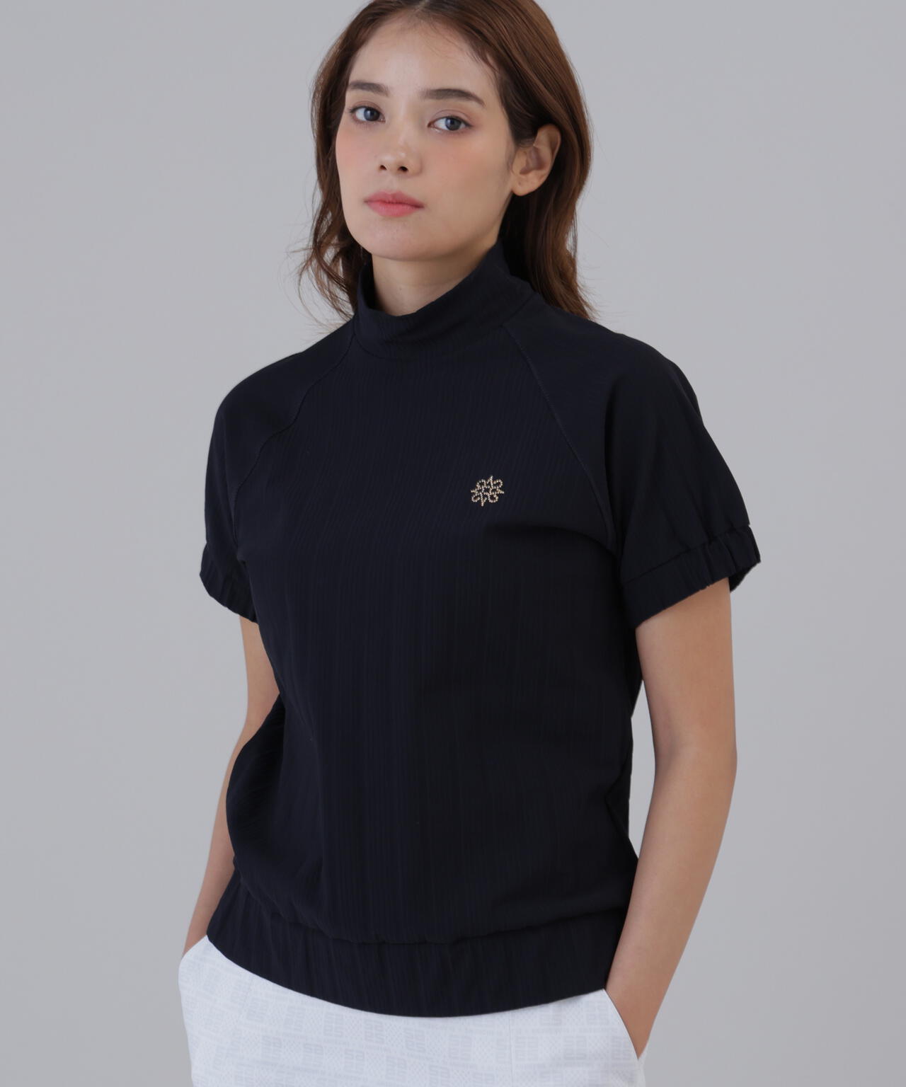 【吸水速乾】サッカーストライプ半袖ハイネックカットソー (WOMENS)