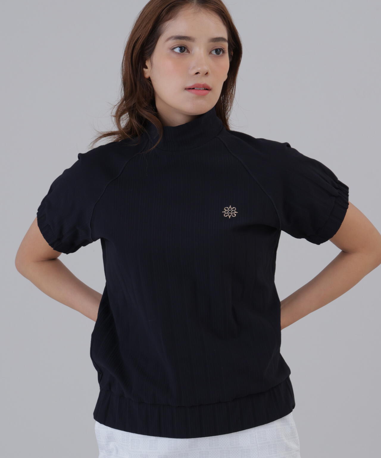 【吸水速乾】サッカーストライプ半袖ハイネックカットソー (WOMENS)