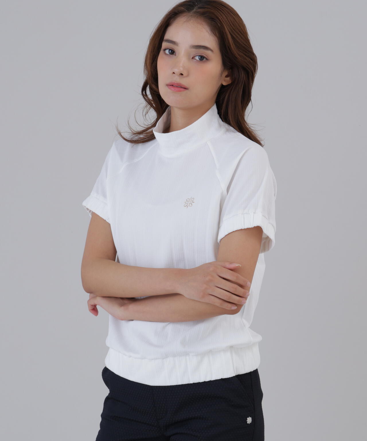 【吸水速乾】サッカーストライプ半袖ハイネックカットソー (WOMENS)