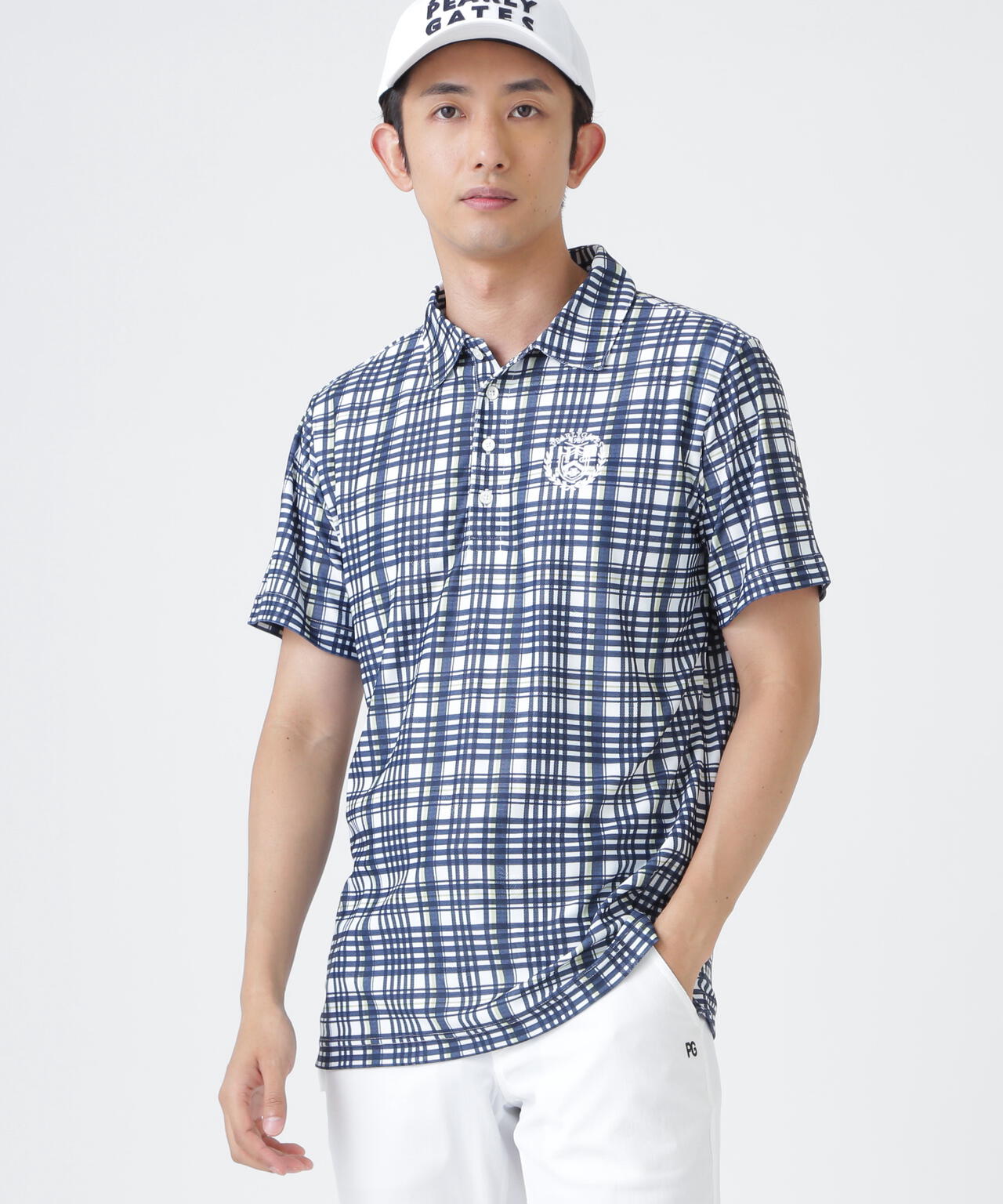 メッシュジャガード半袖ポロシャツ ＜チェック柄＞ (MENS)　