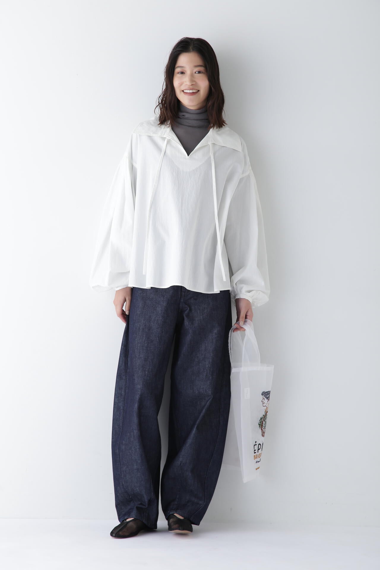 綿麻ボイルスキッパーボリュームブラウス