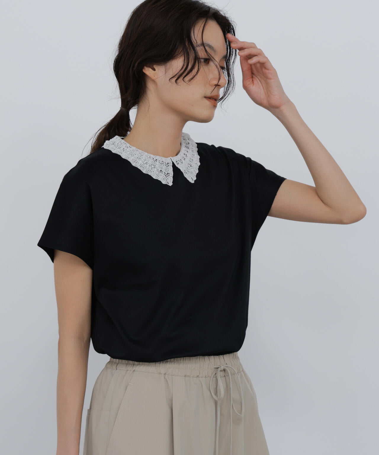 《洗える》レース衿スムースＴシャツ