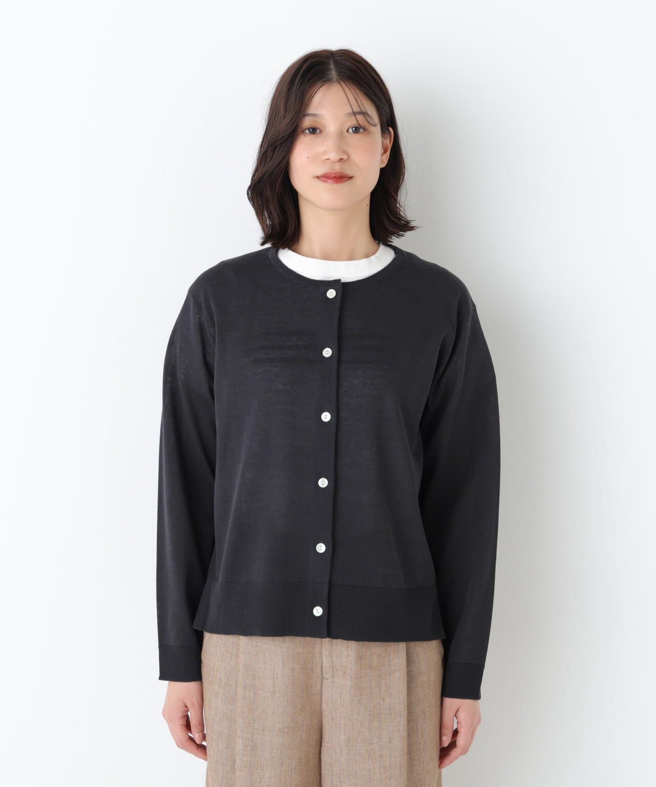 《洗える》麻混クルーネックニットカーディガン