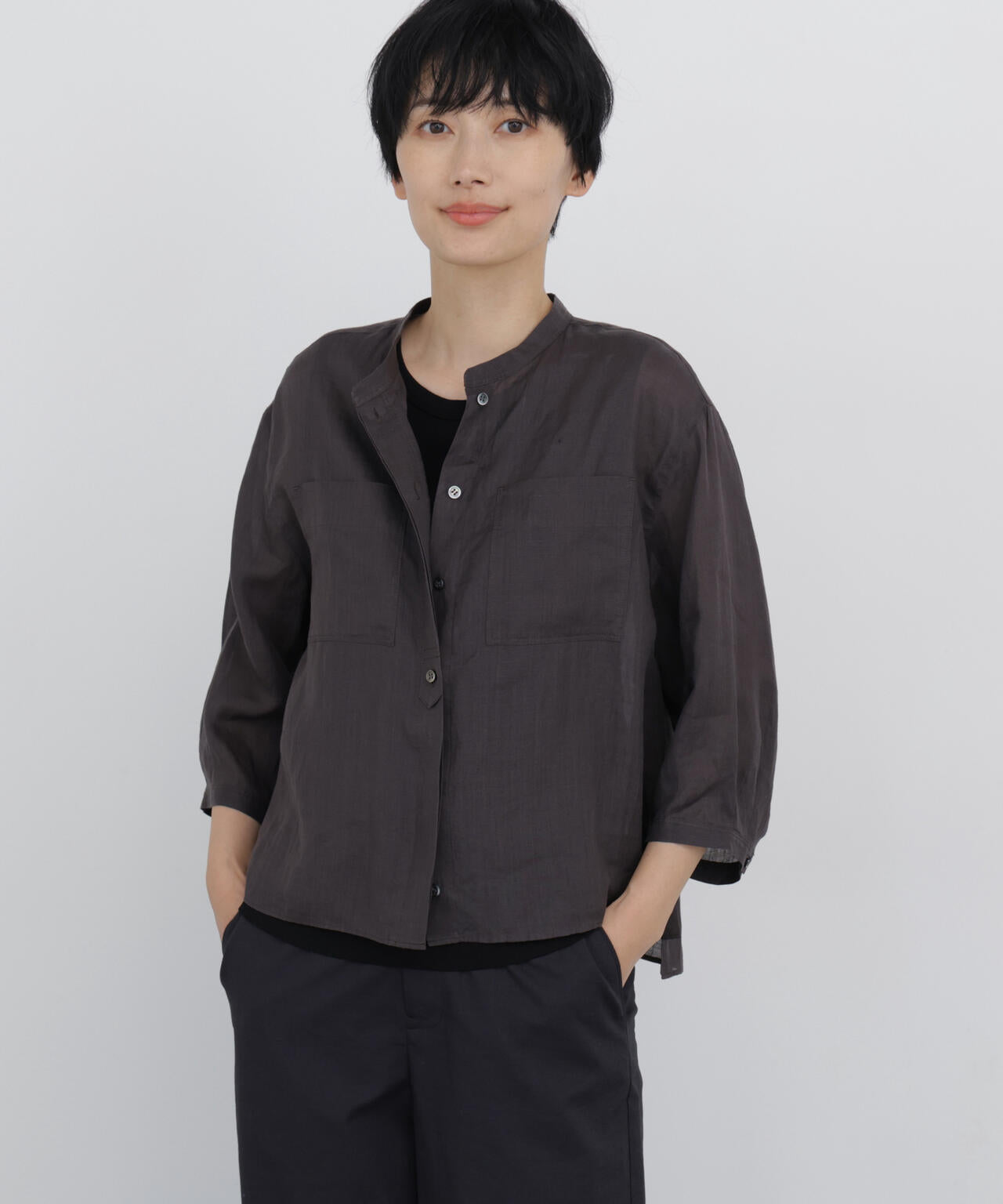 《名品 / 日差し対策 / 洗える / 4色展開！》ラミーバンドカラーシャツブラウス