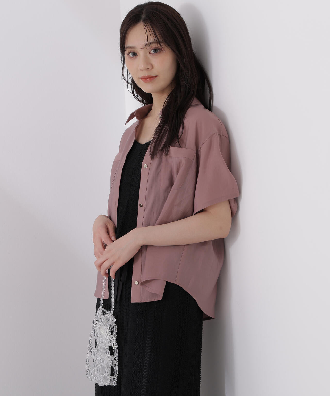 タイ付きシアー半袖シャツ