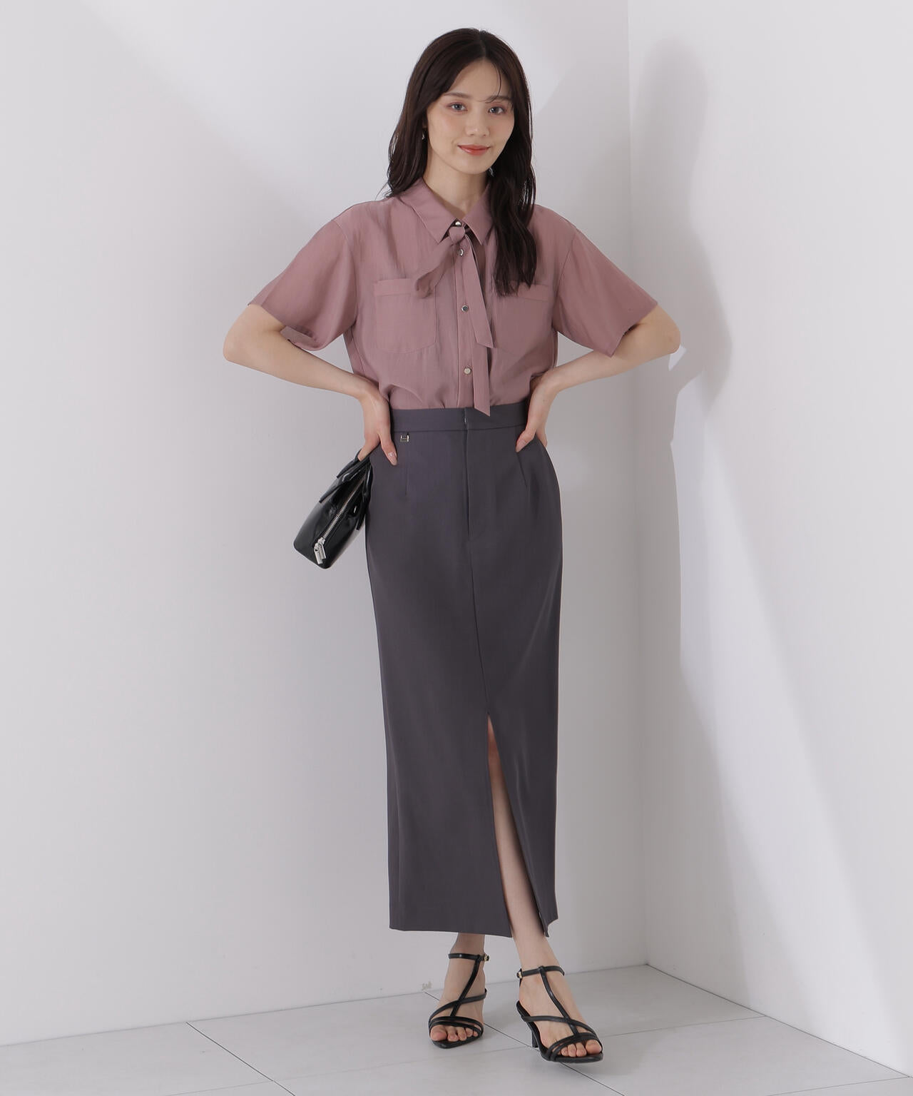 タイ付きシアー半袖シャツ