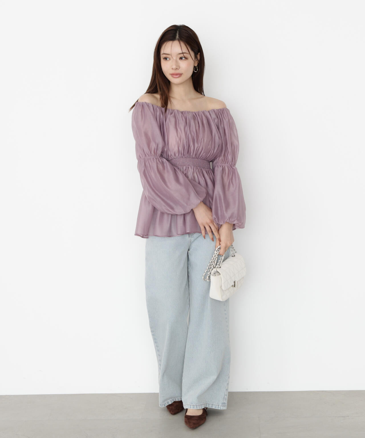 【松川星さん着用】＜ウォッシャブル＞バルーンスリーブオフショルブラウス【ピンク：WEB・一部店舗限定】