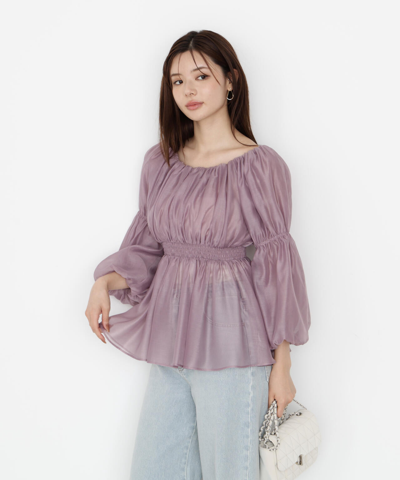 【松川星さん着用】＜ウォッシャブル＞バルーンスリーブオフショルブラウス【ピンク：WEB・一部店舗限定】