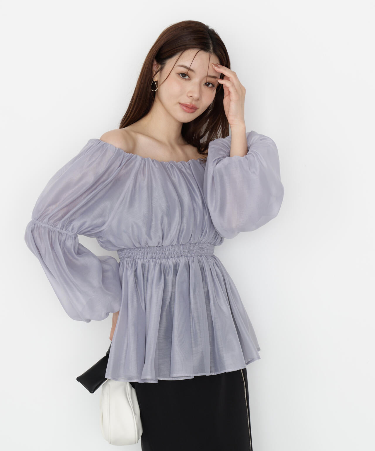 【松川星さん着用】＜ウォッシャブル＞バルーンスリーブオフショルブラウス【ピンク：WEB・一部店舗限定】