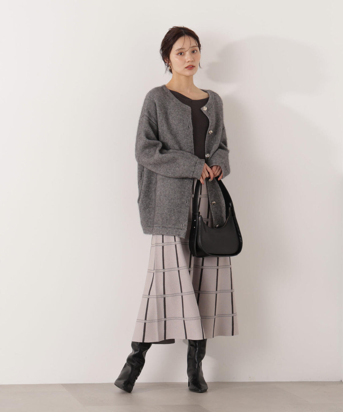 チェック柄ジャガードニットワンピース【ボルドー：official site限定】
