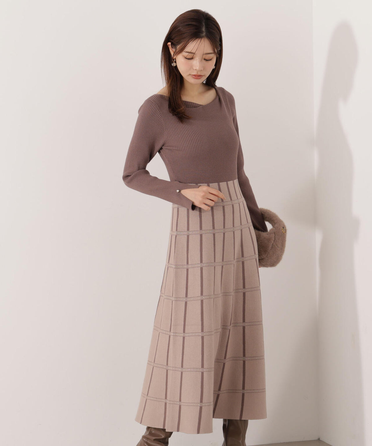 チェック柄ジャガードニットワンピース【ボルドー：official site限定】