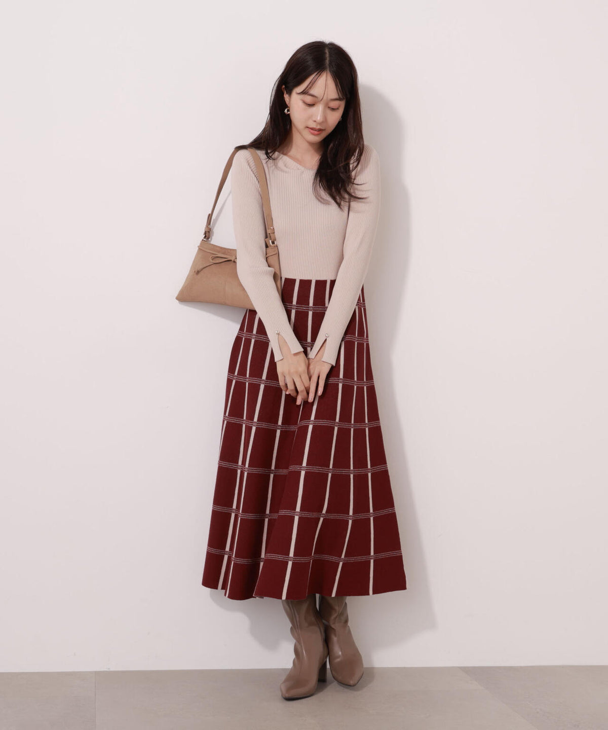 チェック柄ジャガードニットワンピース【ボルドー：official site限定】