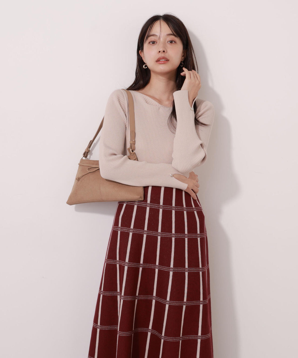 チェック柄ジャガードニットワンピース【ボルドー：official site限定】