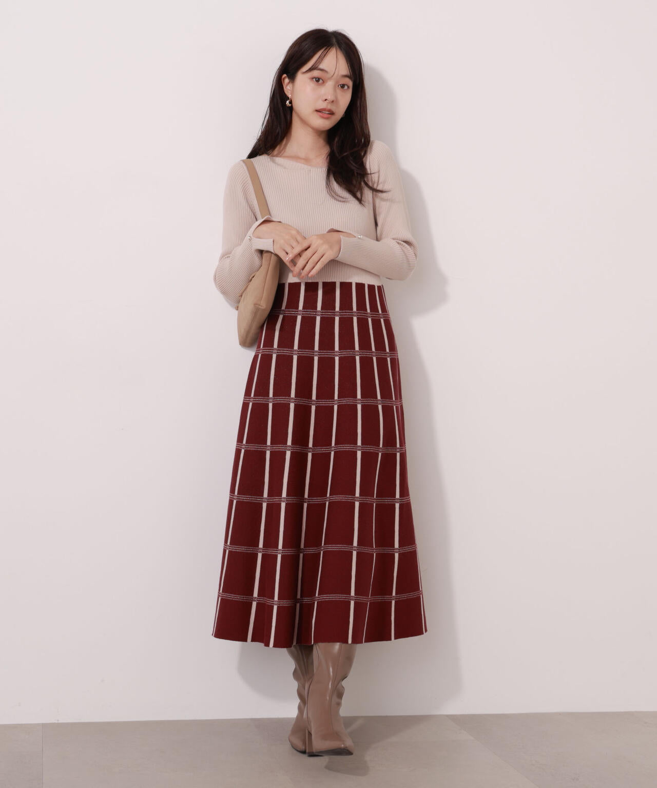 チェック柄ジャガードニットワンピース【ボルドー：official site限定】
