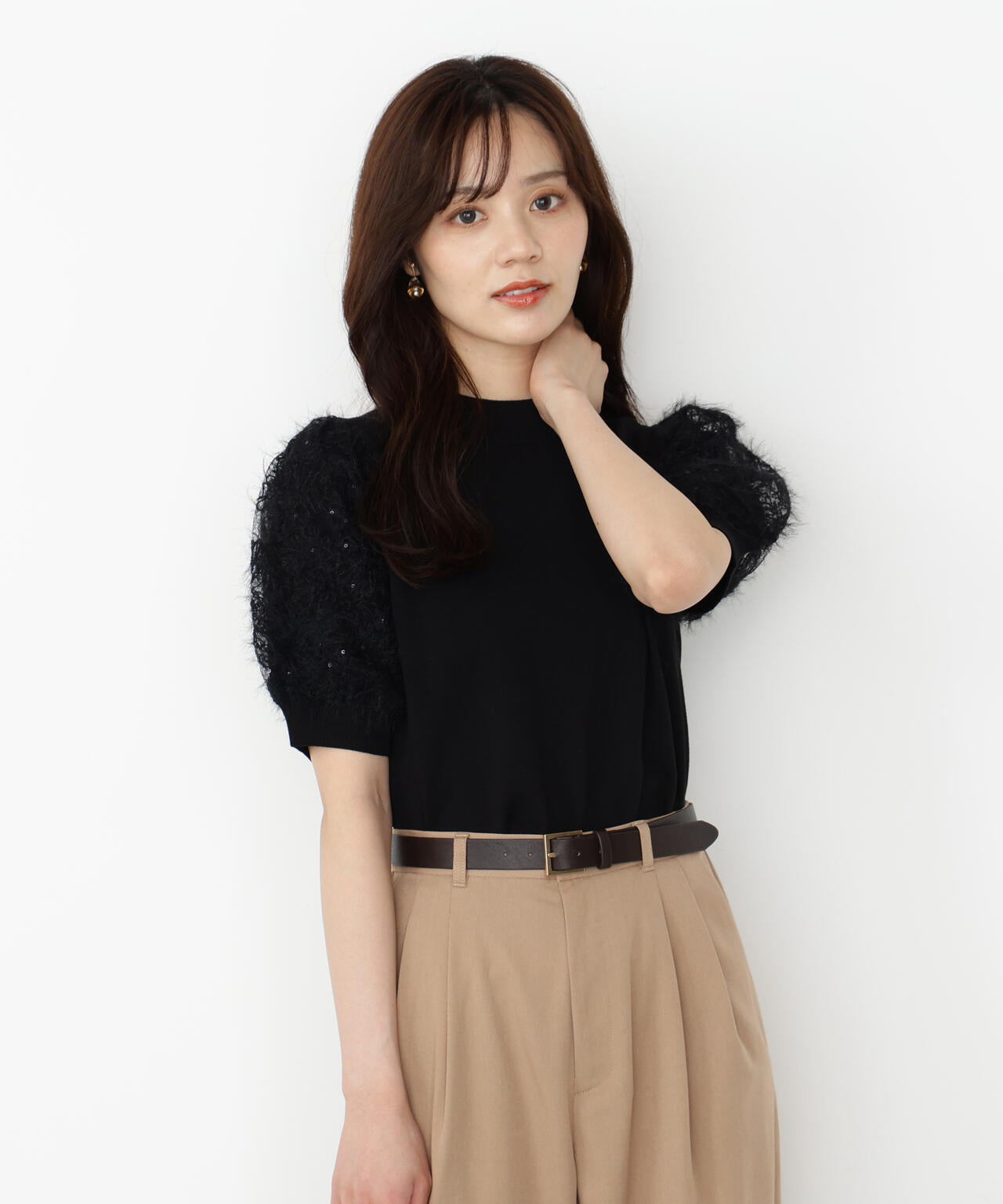 レースドッキングスリーブニット【ベージュ：official site限定】