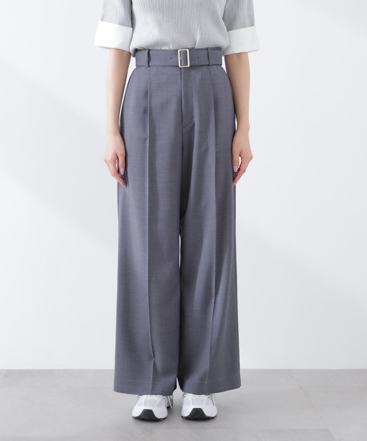 ＜ウォッシャブル＞ベルト付きタックワイドパンツ