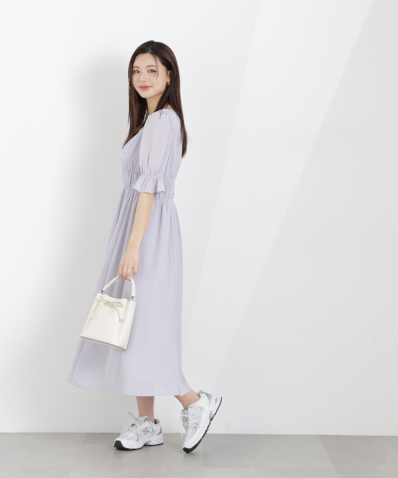 シフォン楊柳ギャザーワンピース