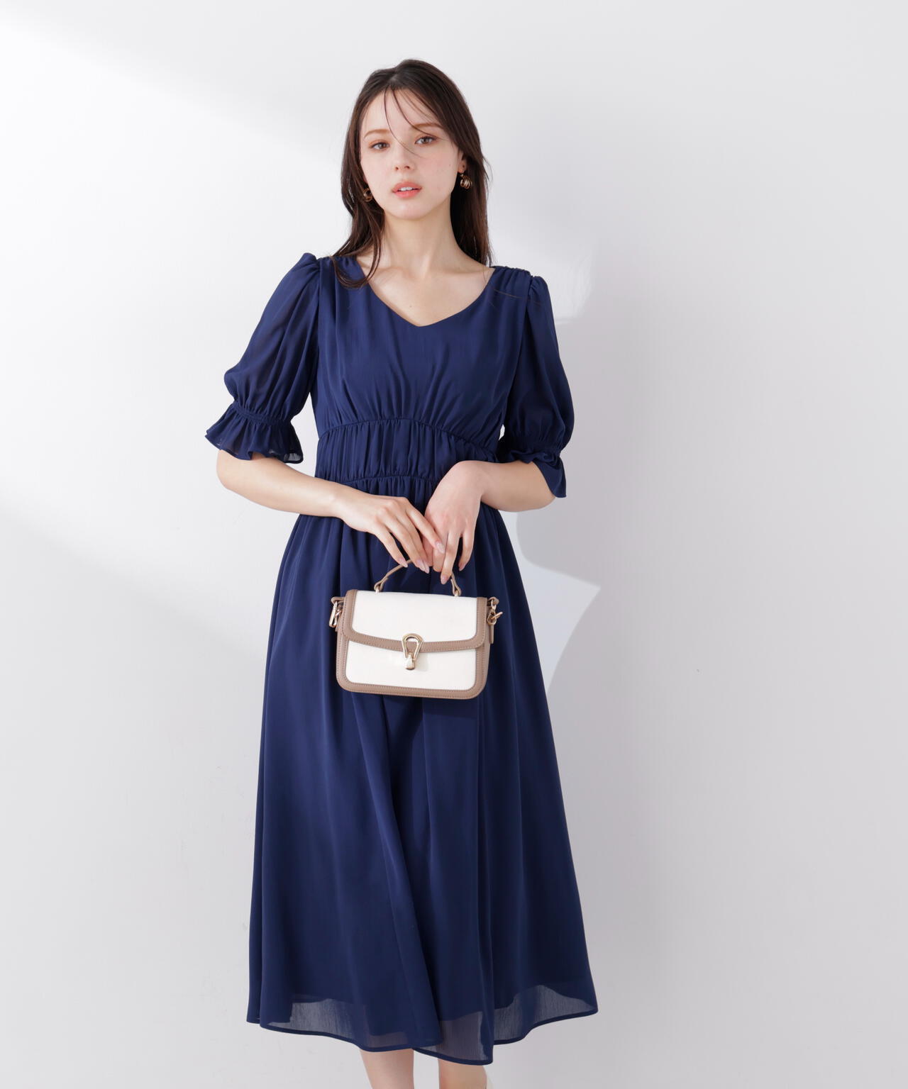 シフォン楊柳ギャザーワンピース
