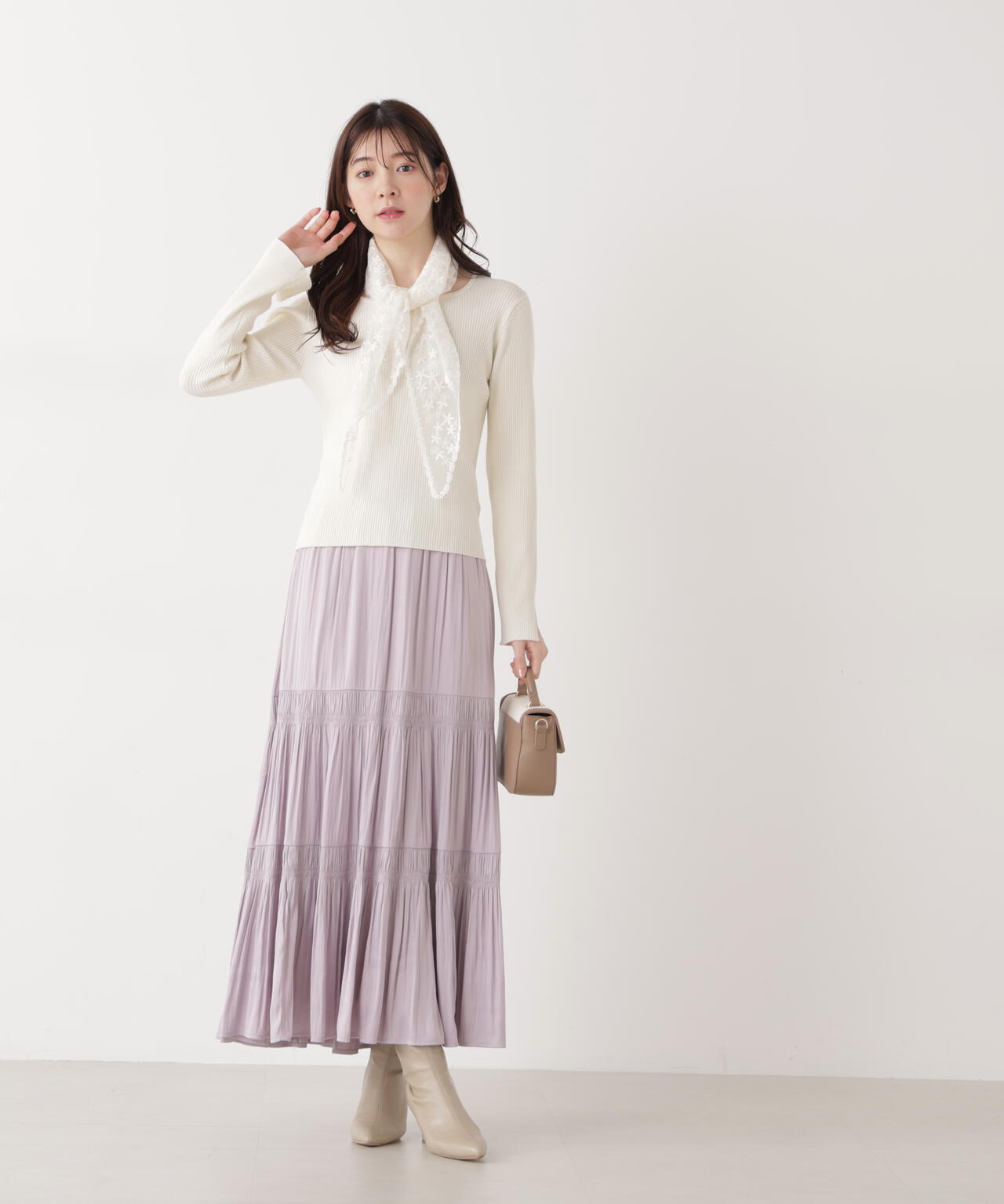 《EDIT COLOGNE》レーススカーフ付きリブニット【ホワイト×ブラックボーダー：official site・ZOZO・一部店舗限定】