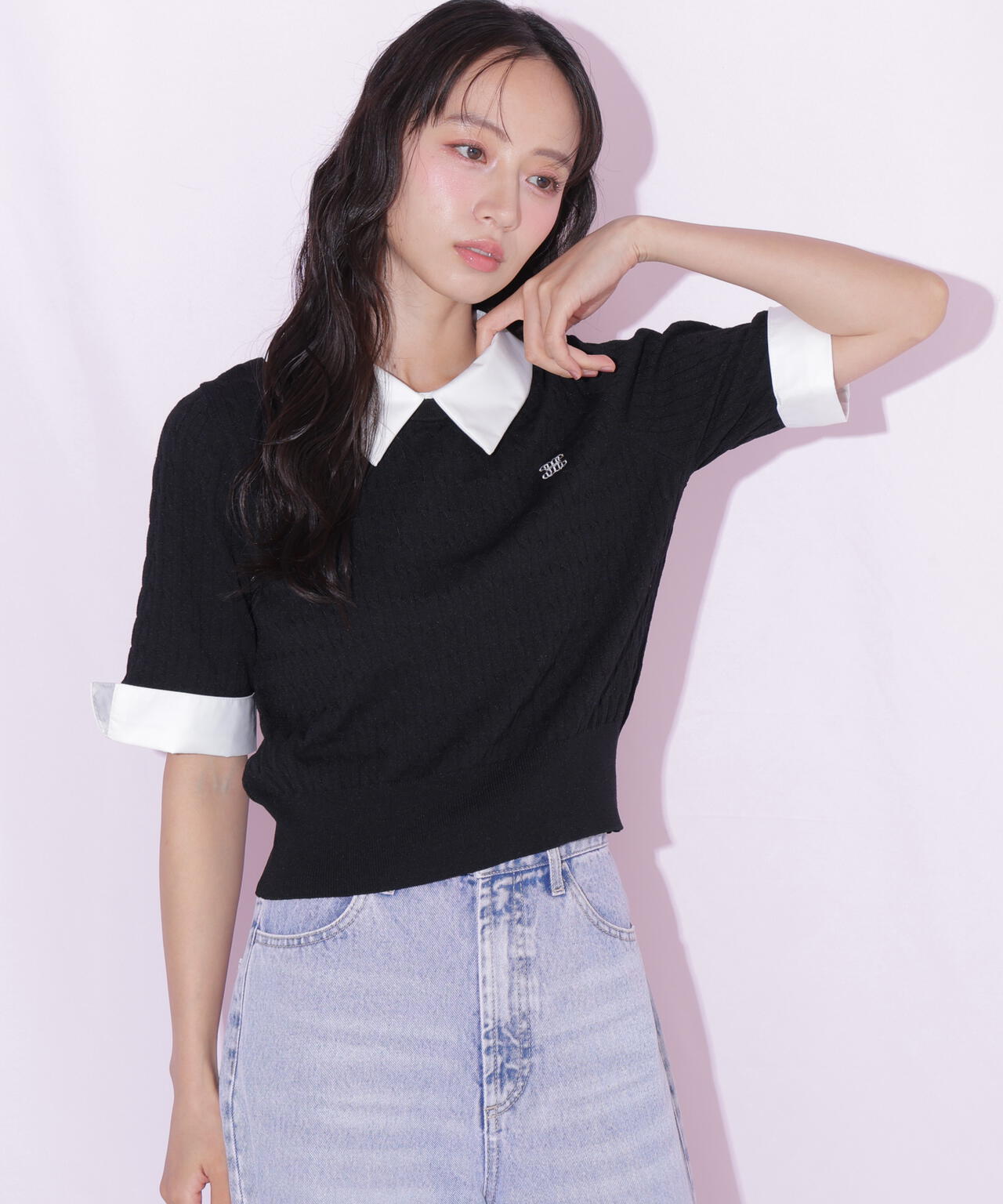 シャツ襟レイヤードニット