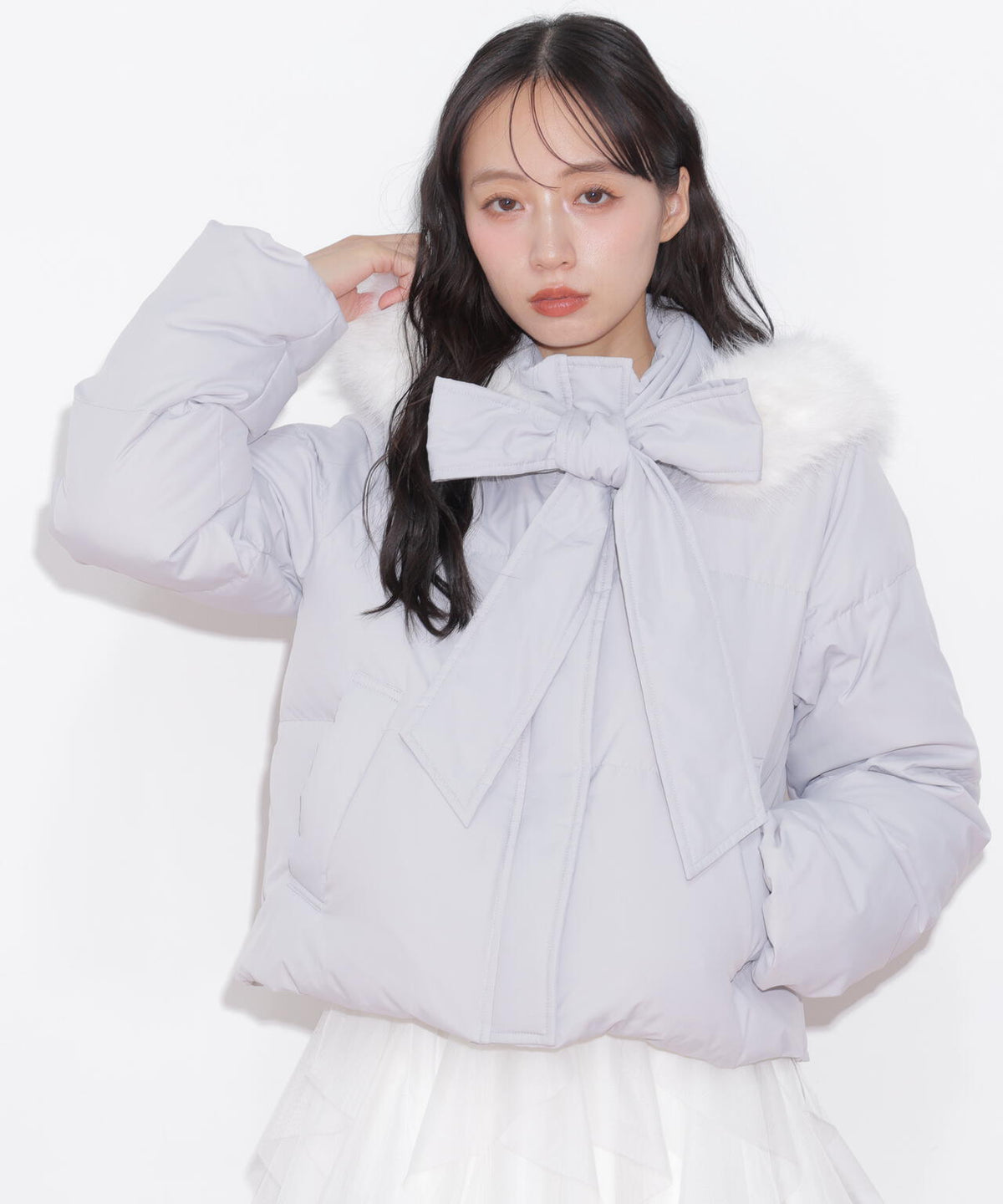 フェイクファー付きリボンショートダウン