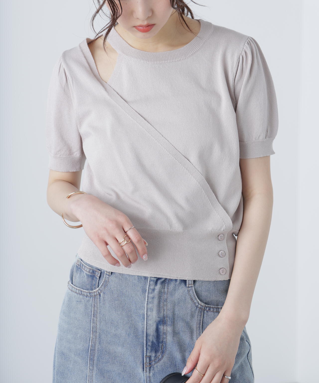 キャミレイヤードカシュクール半袖ニット