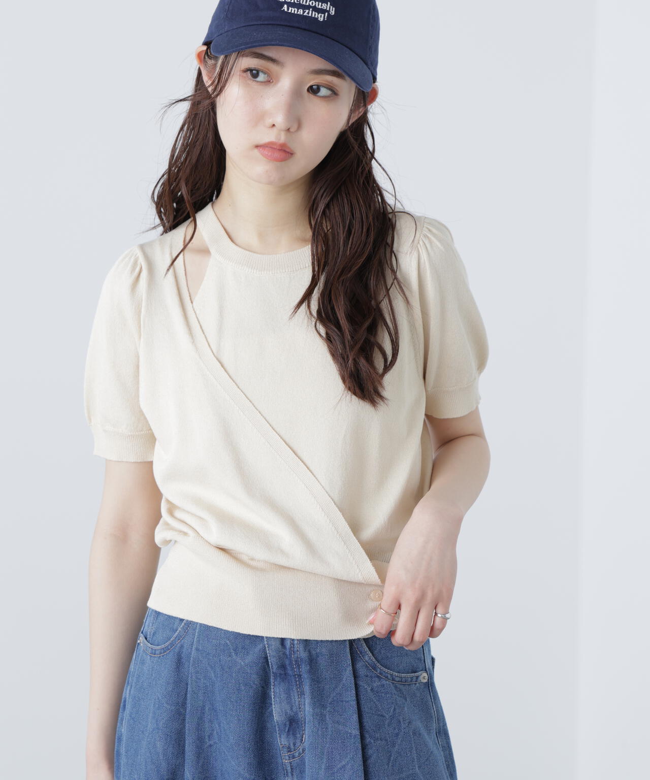 キャミレイヤードカシュクール半袖ニット