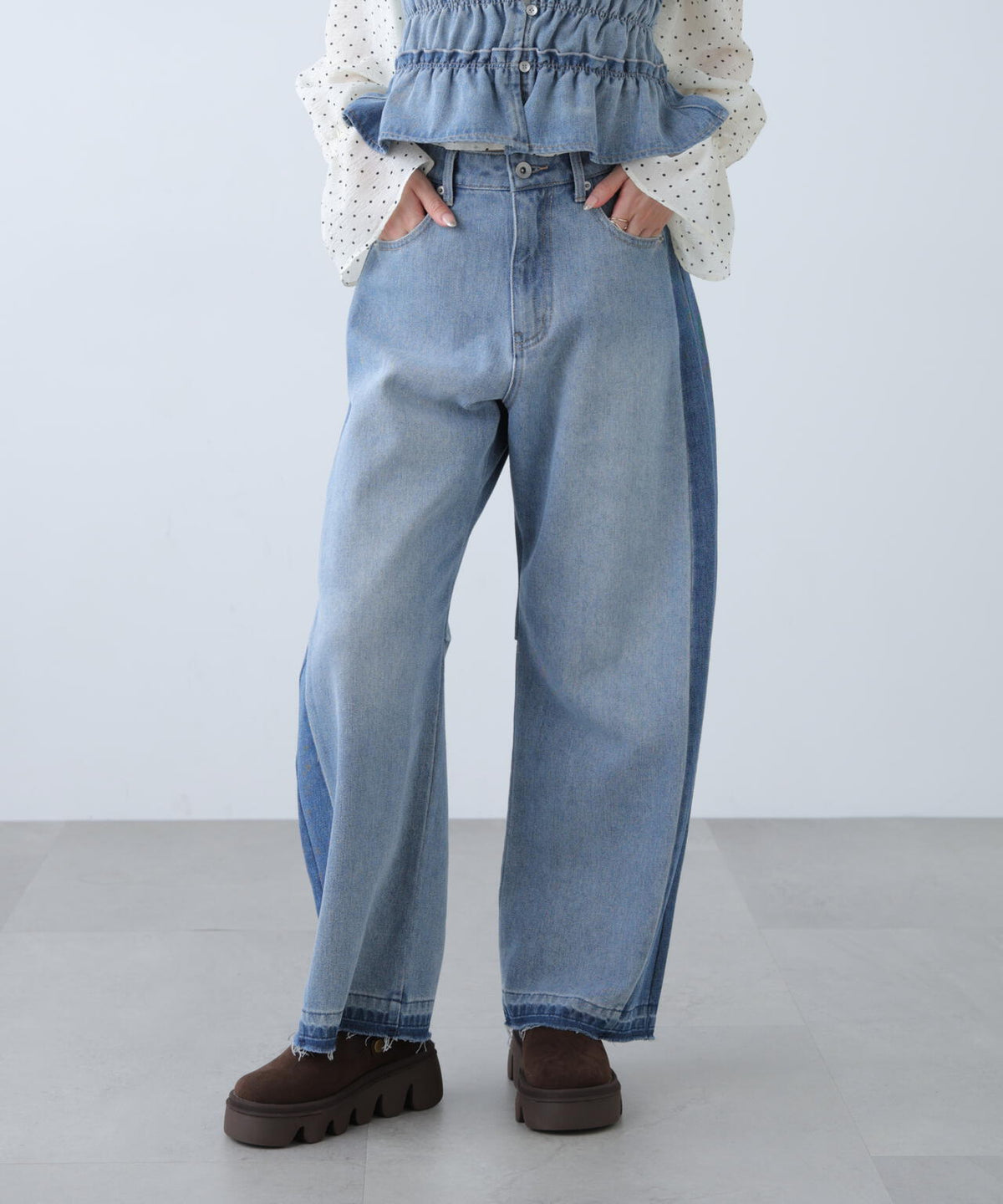 [低身長サイズ/Sシリーズ]配色パネルバレルワイドパンツ