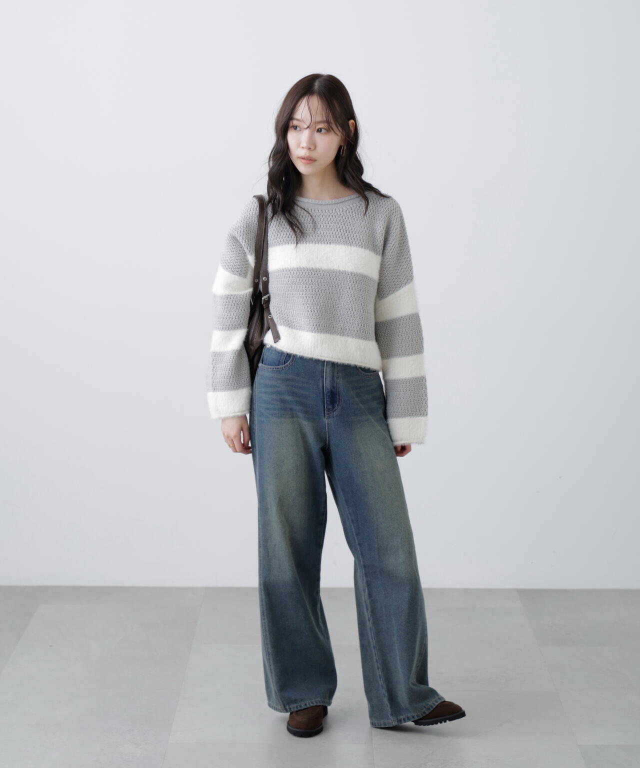 編み地ミックスショート丈ボーダーニット