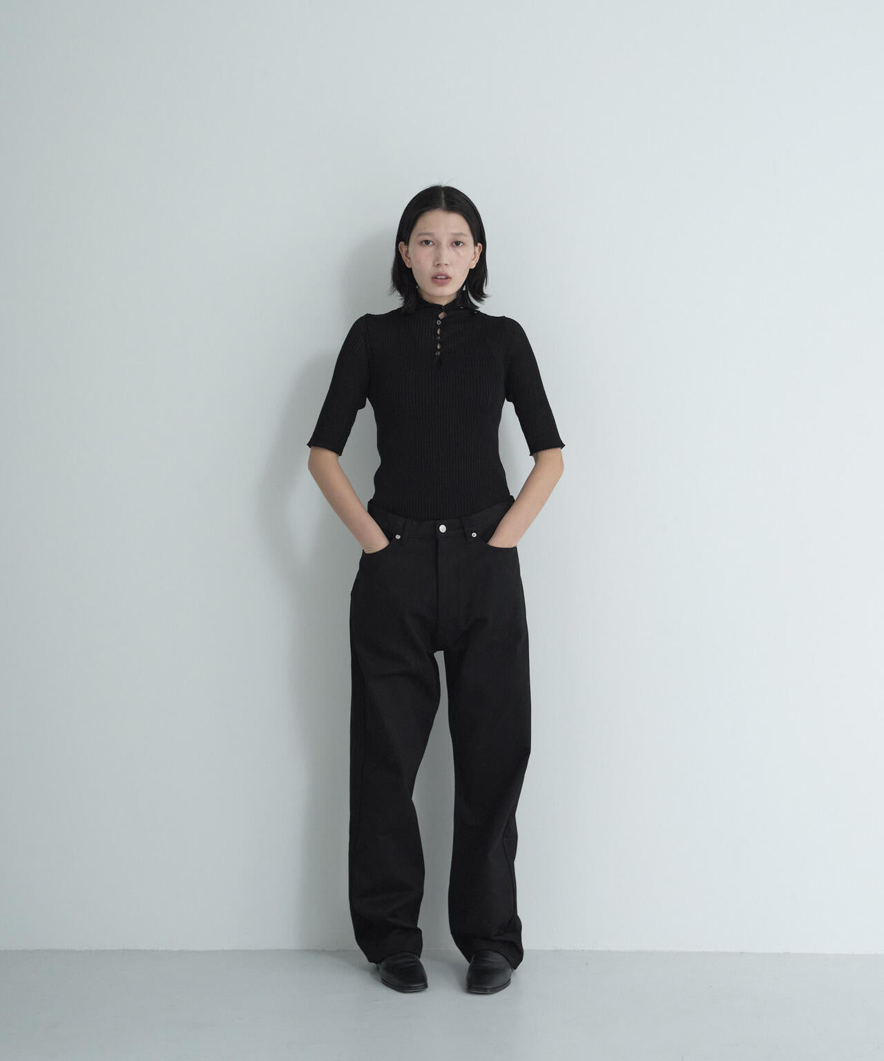 IRENISA / HALF-SLEEVED RIB KNIT PULLOVER