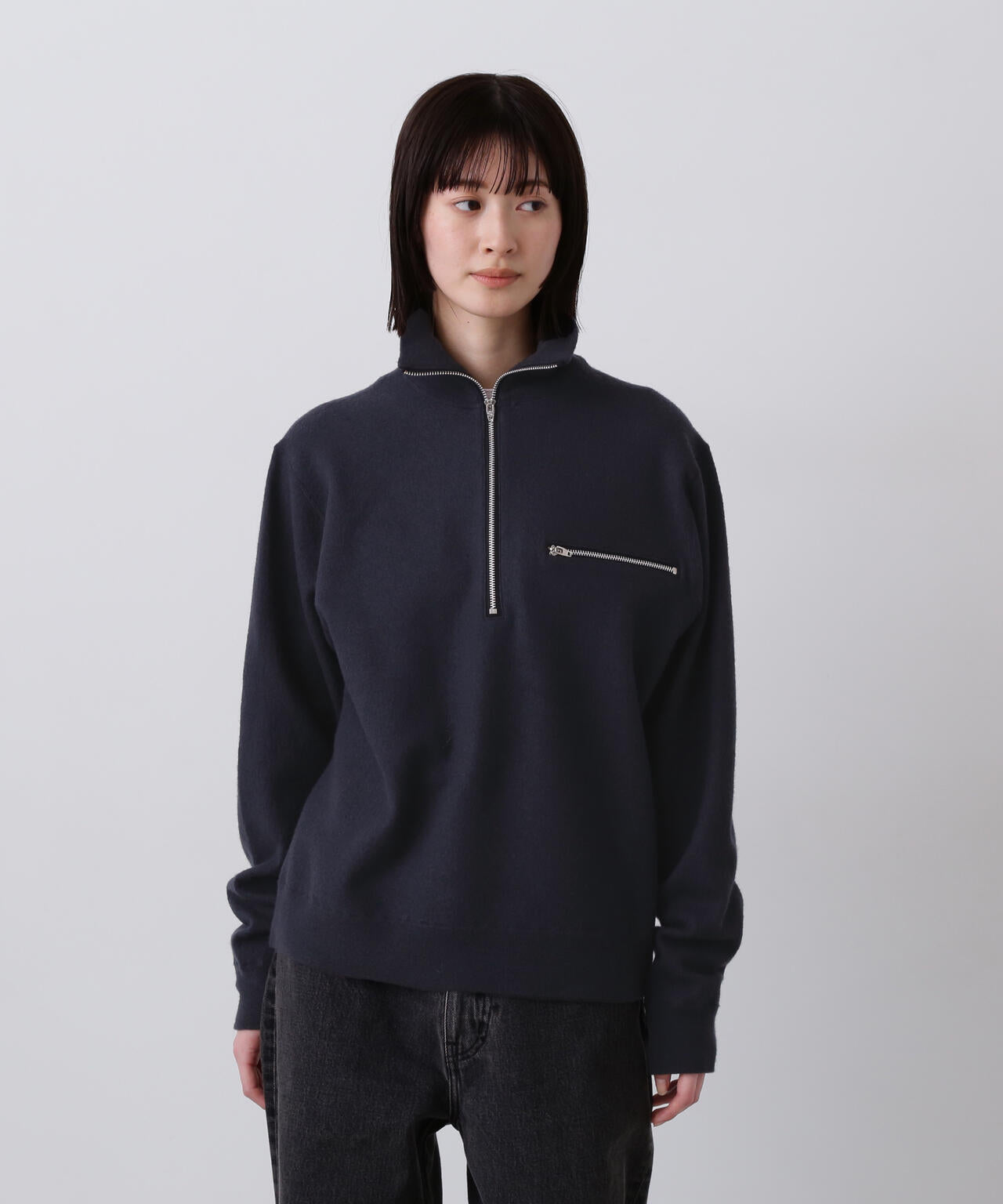 YLEVE / ULTRAFINE MERINO MILLED WOOL KNIT HALF ZIP PULL OVER