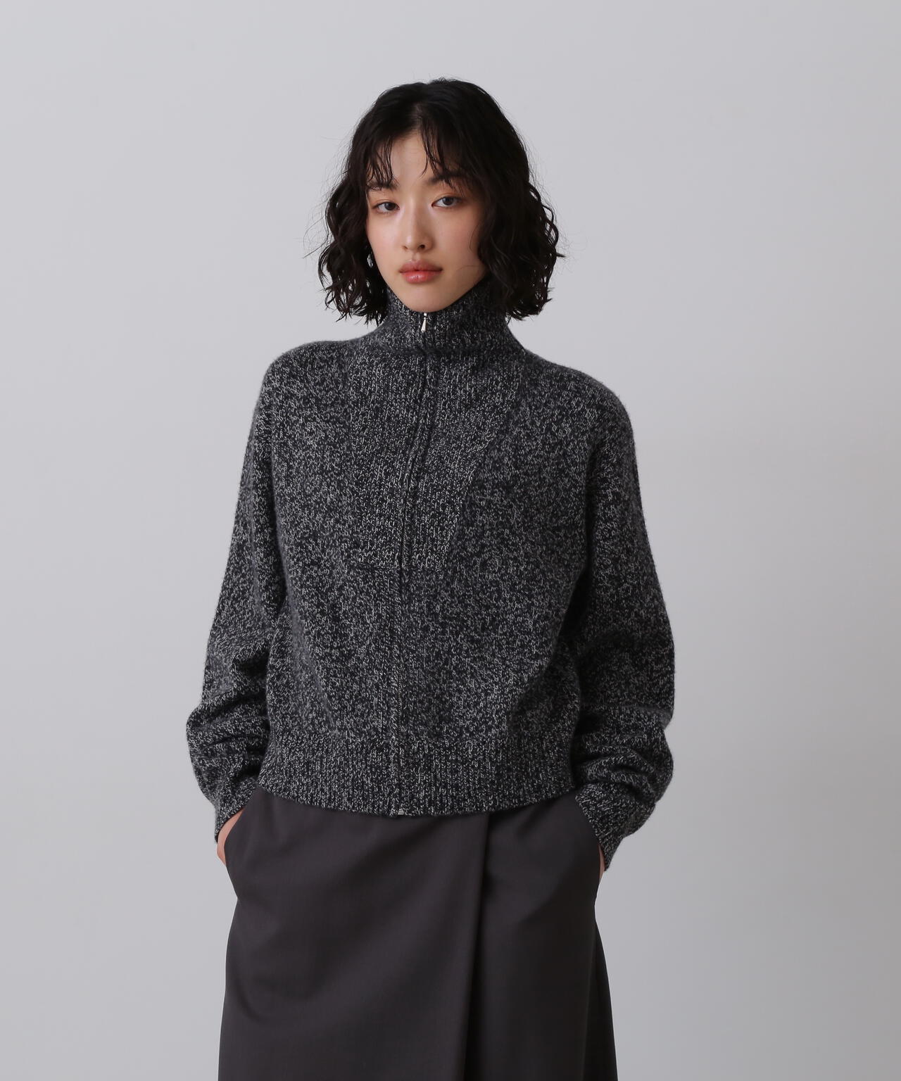 YLEVE / WOOL CASHMERE MELANGE KNIT FULL ZIP PULL OVER