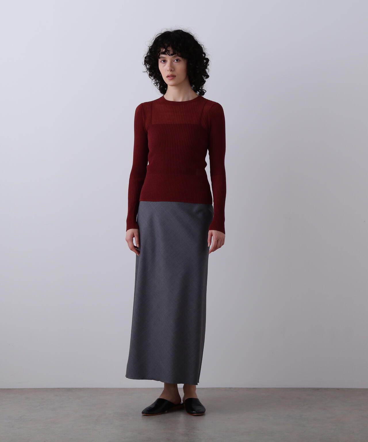 YLEVE / SHEER RIB KNIT LONG SLEEVE PULLOVER