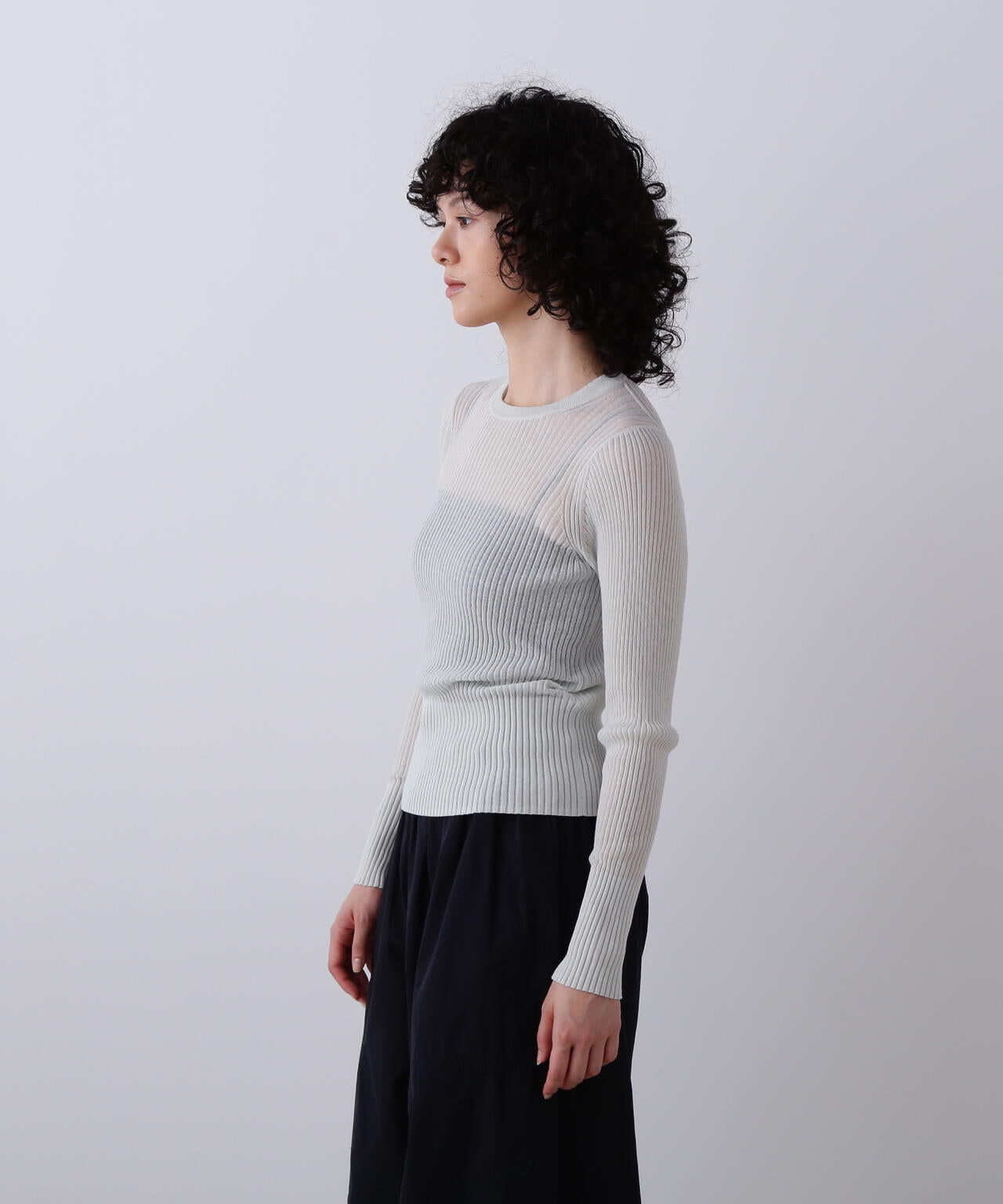 YLEVE / SHEER RIB KNIT LONG SLEEVE PULLOVER