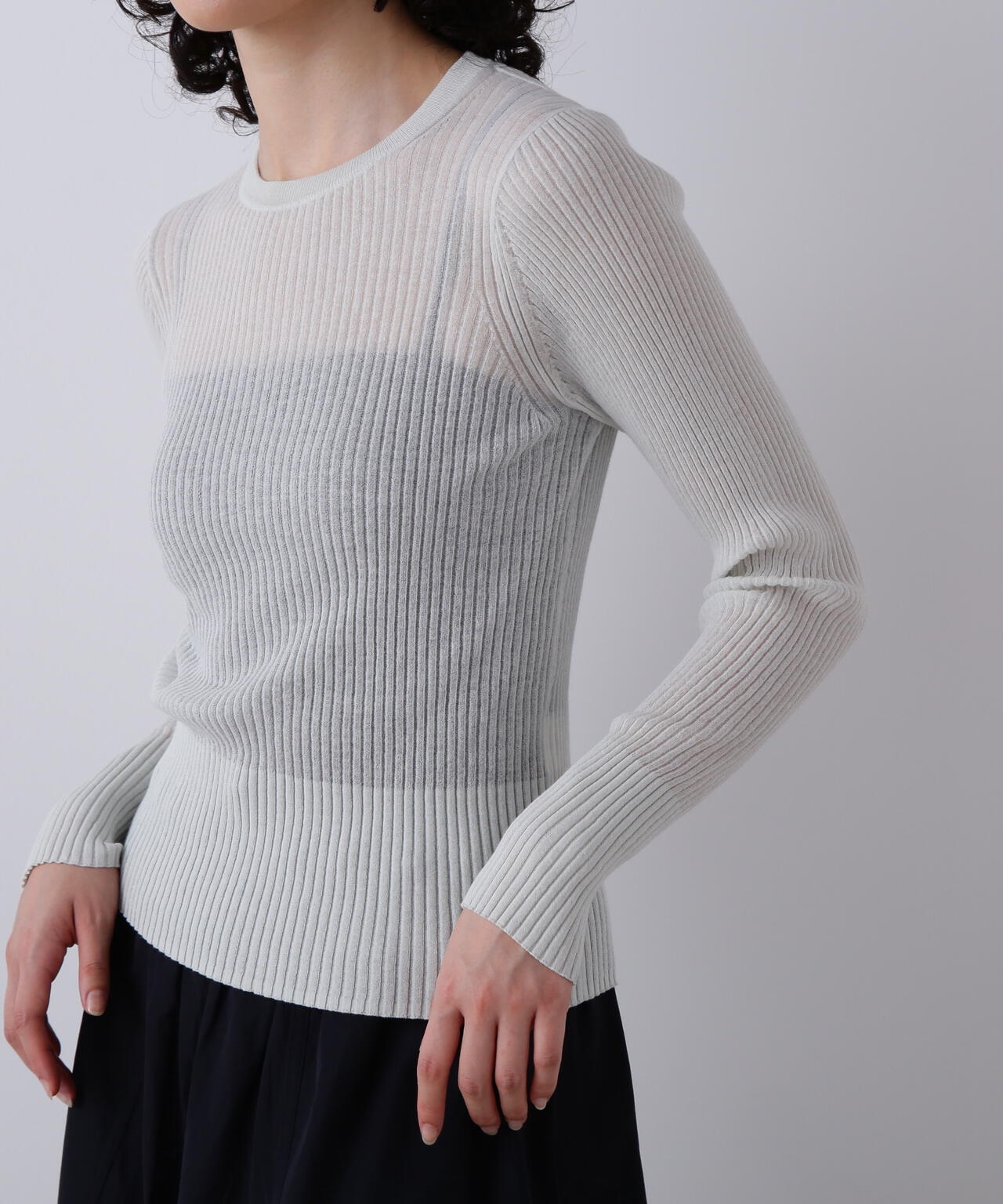 YLEVE / SHEER RIB KNIT LONG SLEEVE PULLOVER