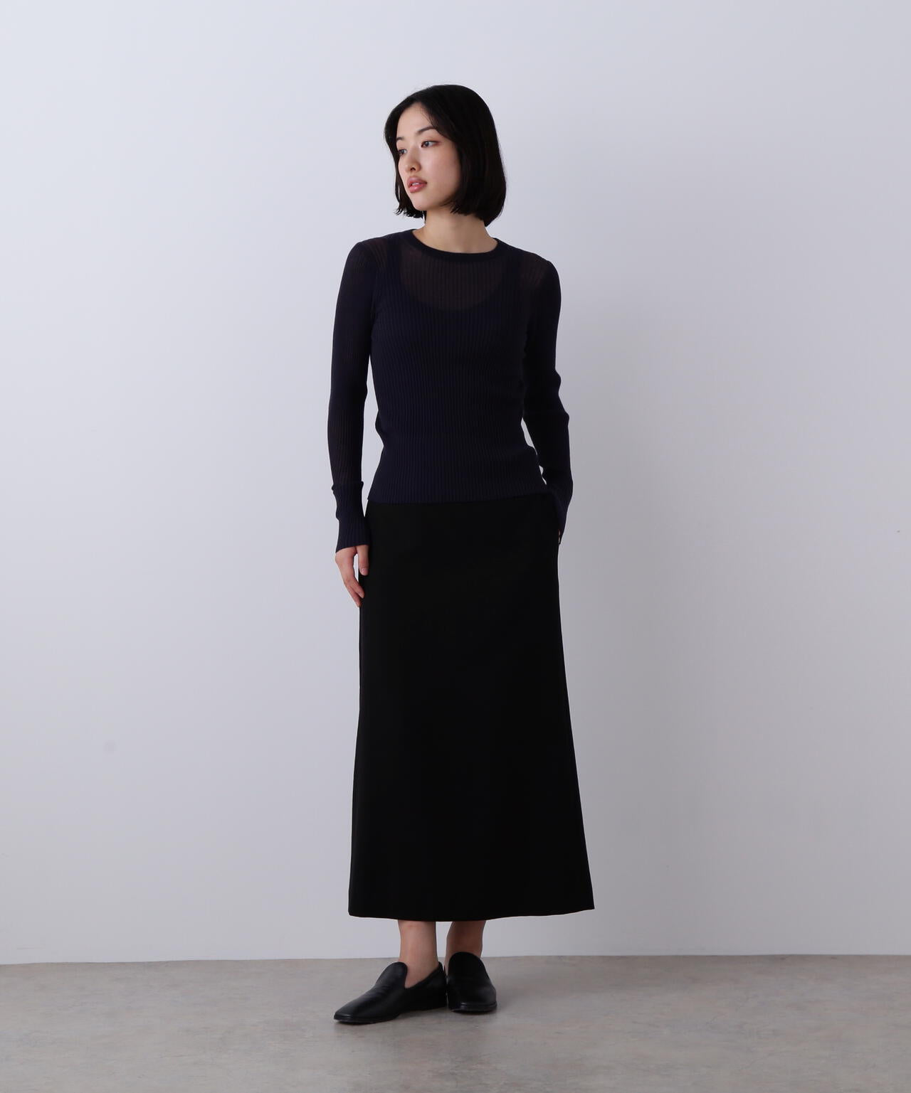 YLEVE / SHEER RIB KNIT LONG SLEEVE PULLOVER