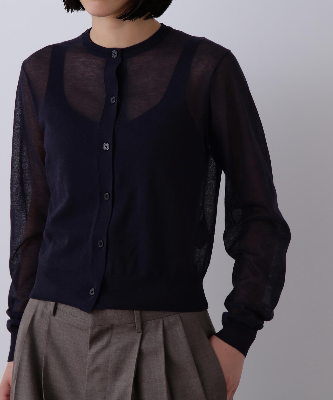 YLEVE / SHEER RIB KNIT CARDIGAN