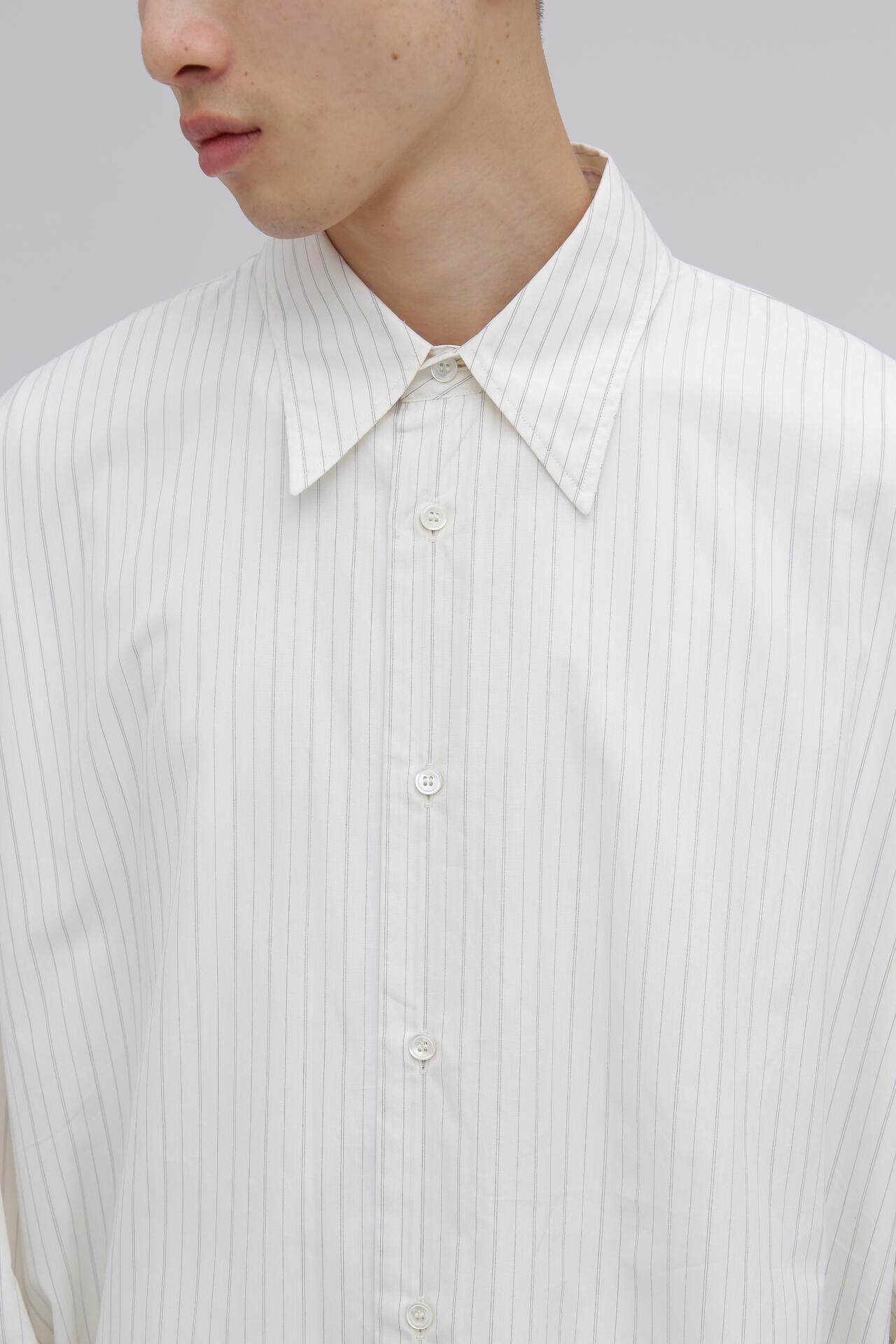STUDIO NICHOLSON / TICKING STRIPE OVERSIZED FRENCH PLACKET SHIRT