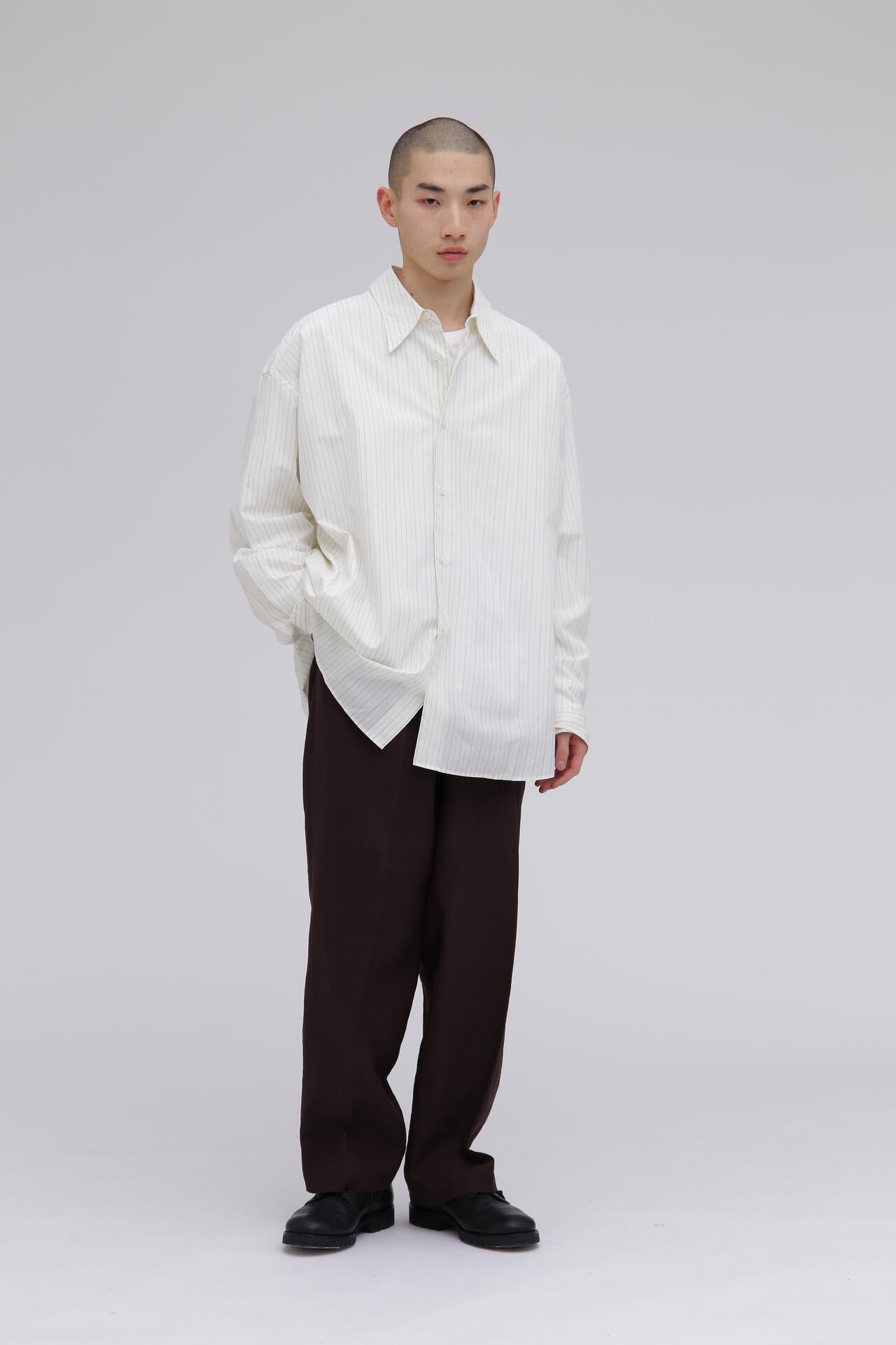 STUDIO NICHOLSON / TICKING STRIPE OVERSIZED FRENCH PLACKET SHIRT