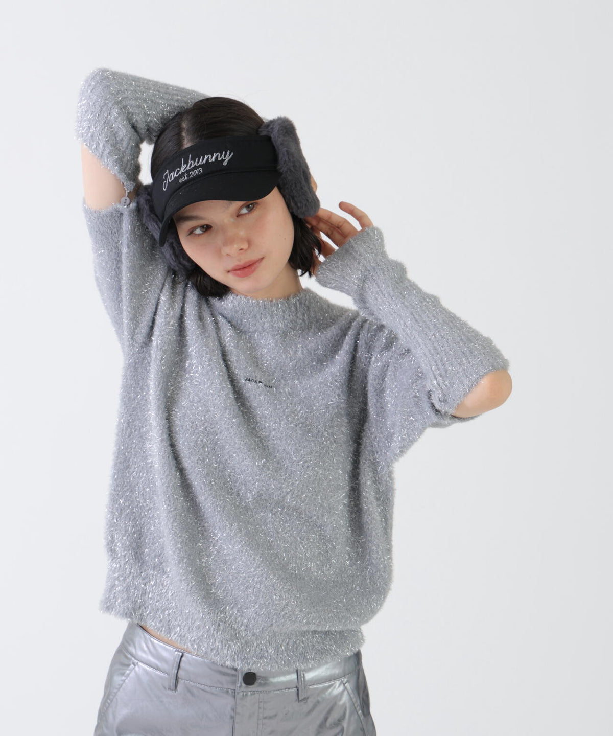 ラメシャギー アームウォーマー付きモックネックニットプルオーバー (WOMENS)
