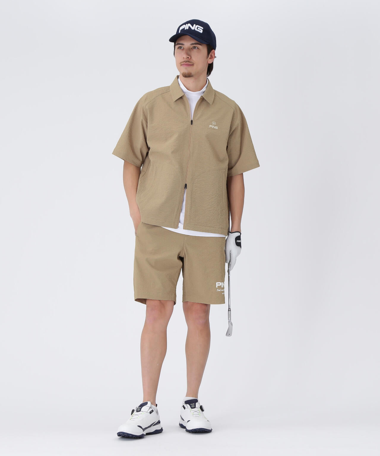 【PING APPAREL】全方向ストレッチサッカー半袖フルジップシャツ ＜NATIVE＞ (MENS)