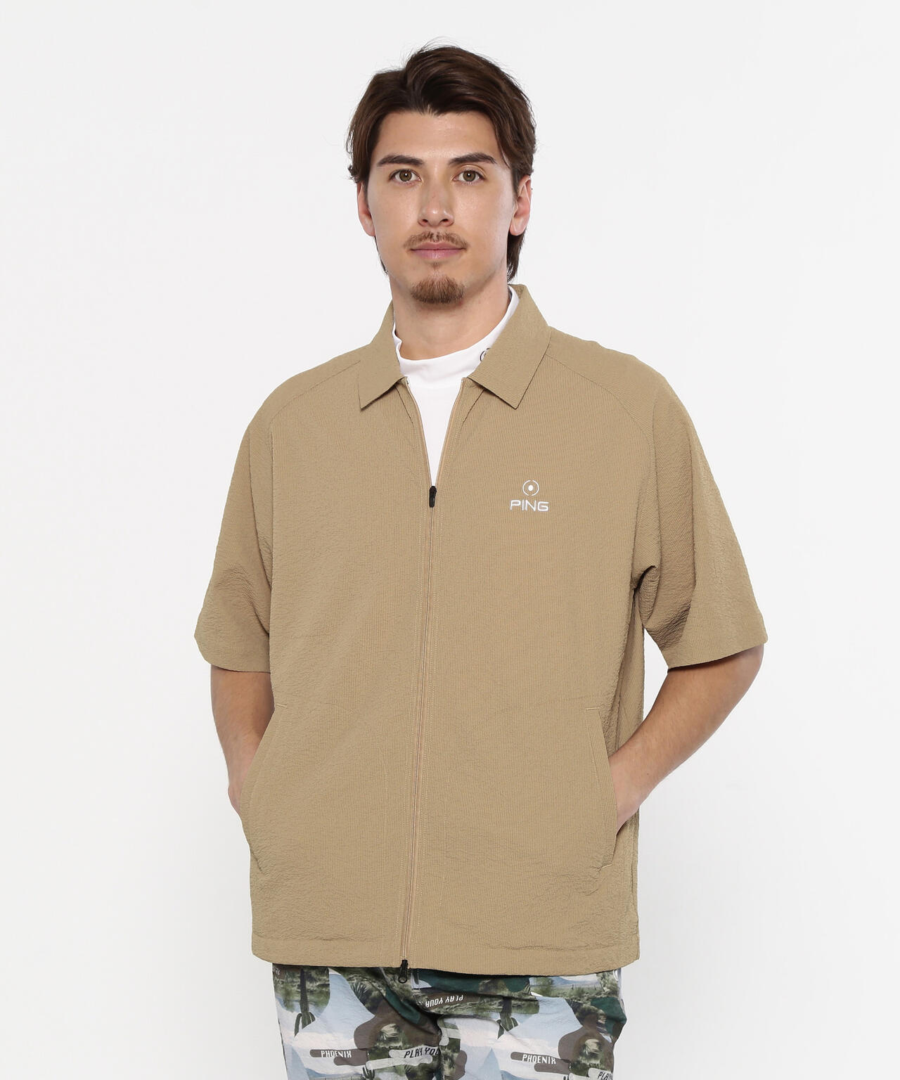 【PING APPAREL】全方向ストレッチサッカー半袖フルジップシャツ ＜NATIVE＞ (MENS)