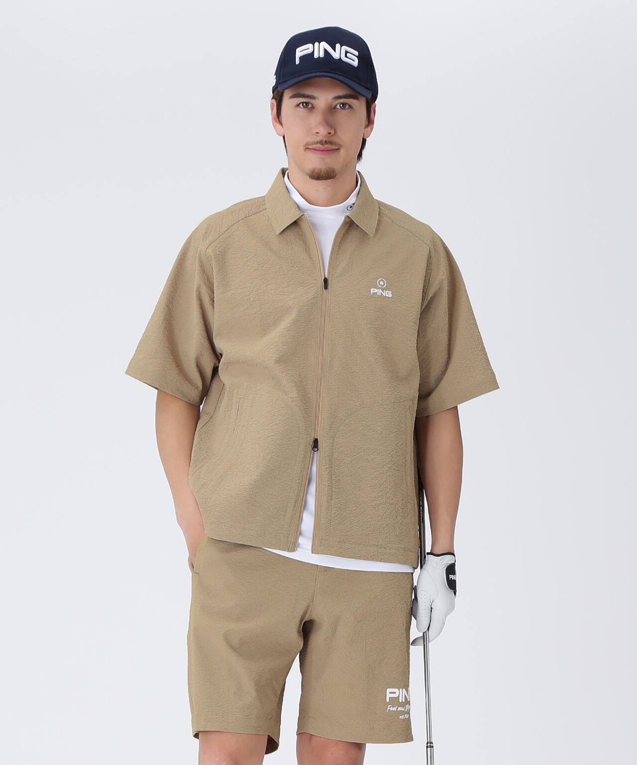 【PING APPAREL】全方向ストレッチサッカー半袖フルジップシャツ ＜NATIVE＞ (MENS)