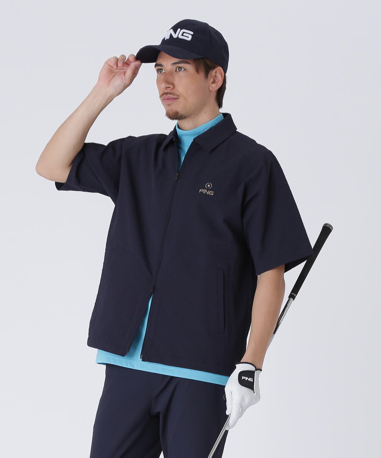 【PING APPAREL】全方向ストレッチサッカー半袖フルジップシャツ ＜NATIVE＞ (MENS)